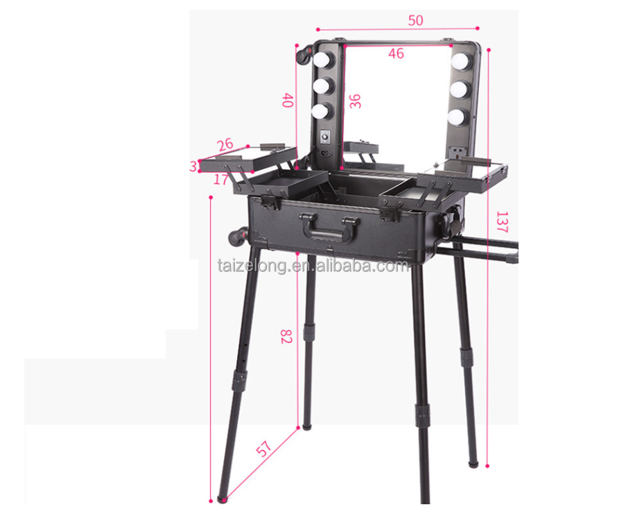 Black/Pink Rolling Studio Makeup Artist Cosmetic Case with Light Leg Mirror Train