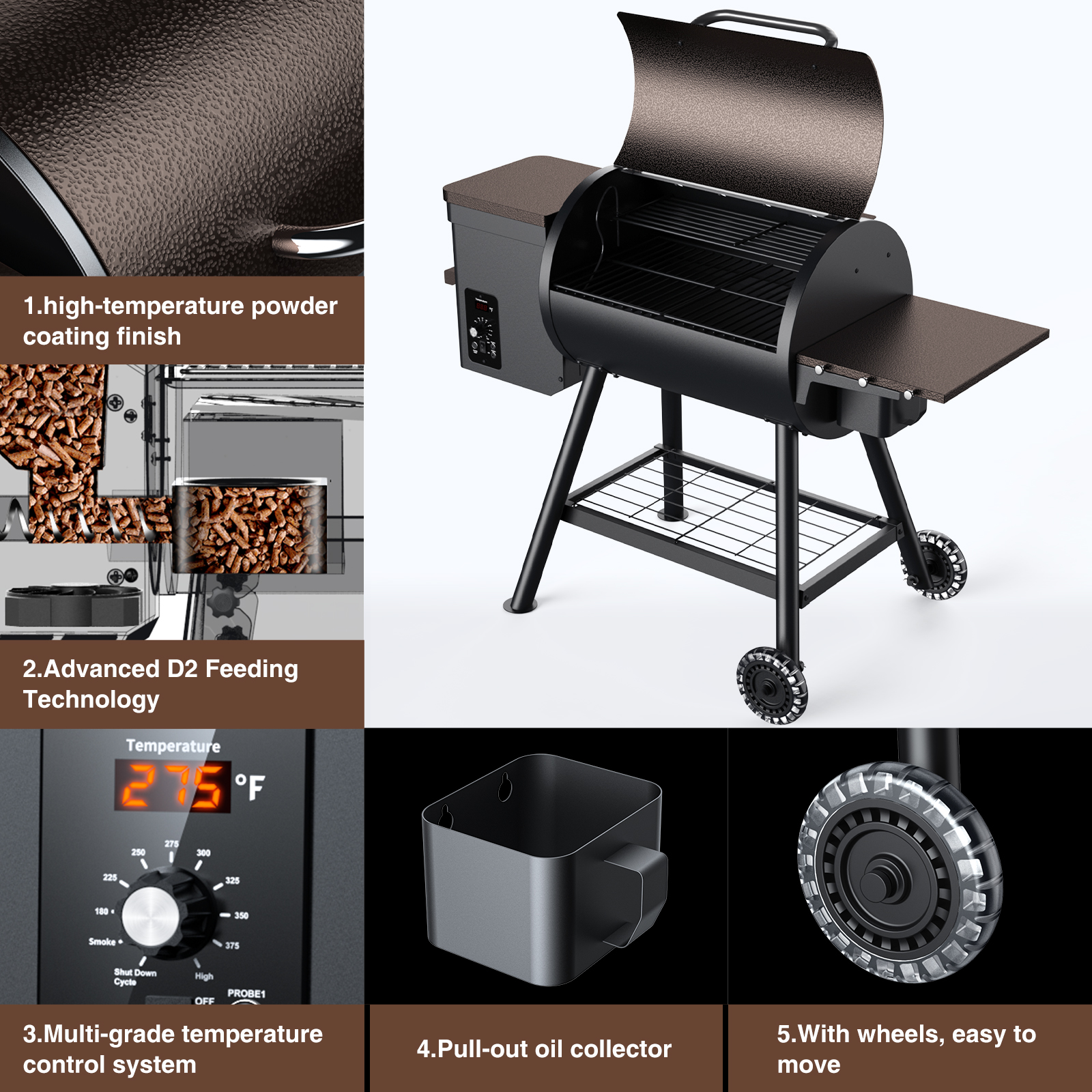 Miire Outdoor Smoker Grill Barrel Wood Pellet Smoker Grill With Side And Baseplate Table For Backyard Patio