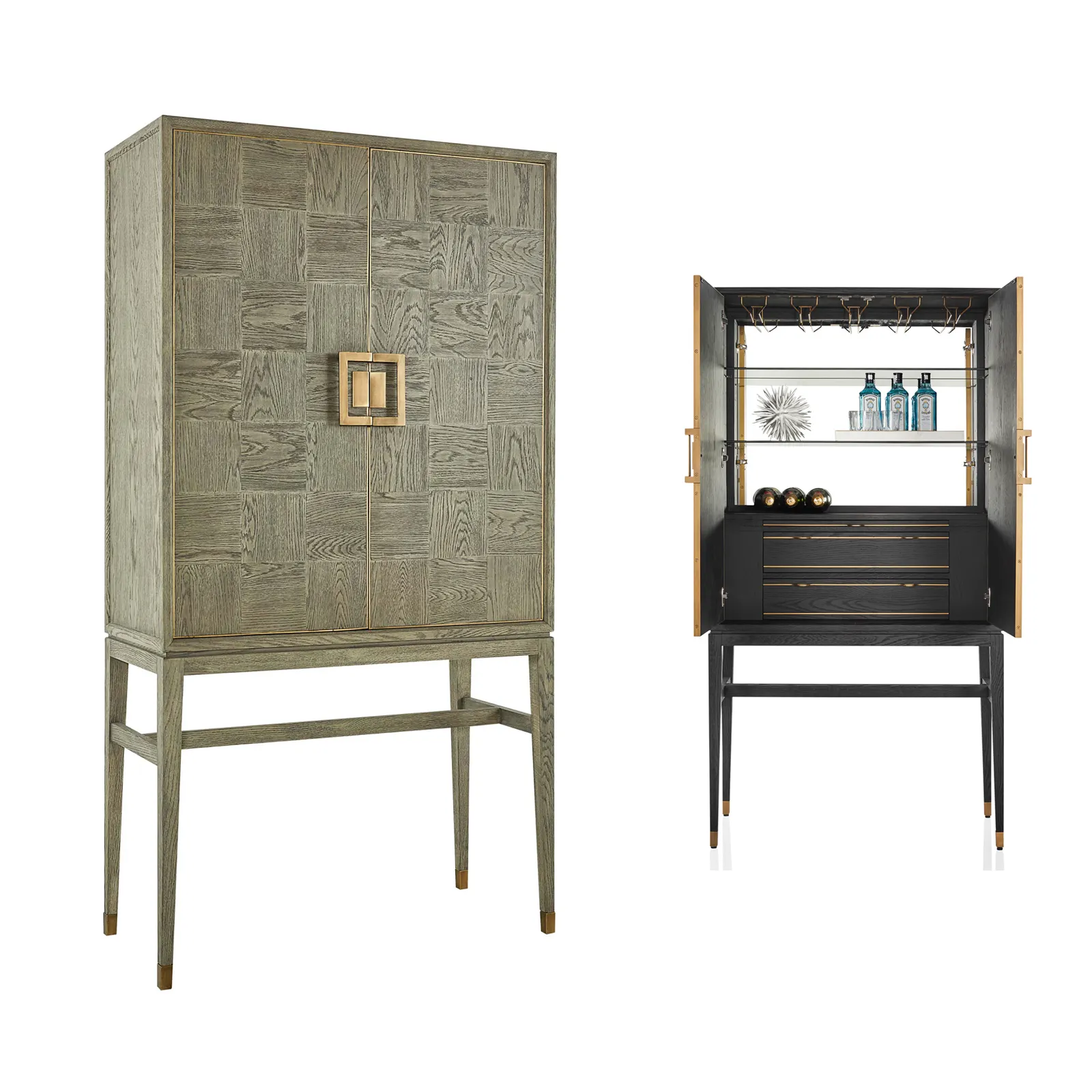 Oak Wooden Brass Metal Base Wine Wood Storage Modern Living Room Cabinets