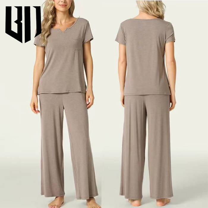 Womens Sleepwear Bamboo Fiber Pajamas Set Women Ribbed Wrinkle Bamboo Pajamas