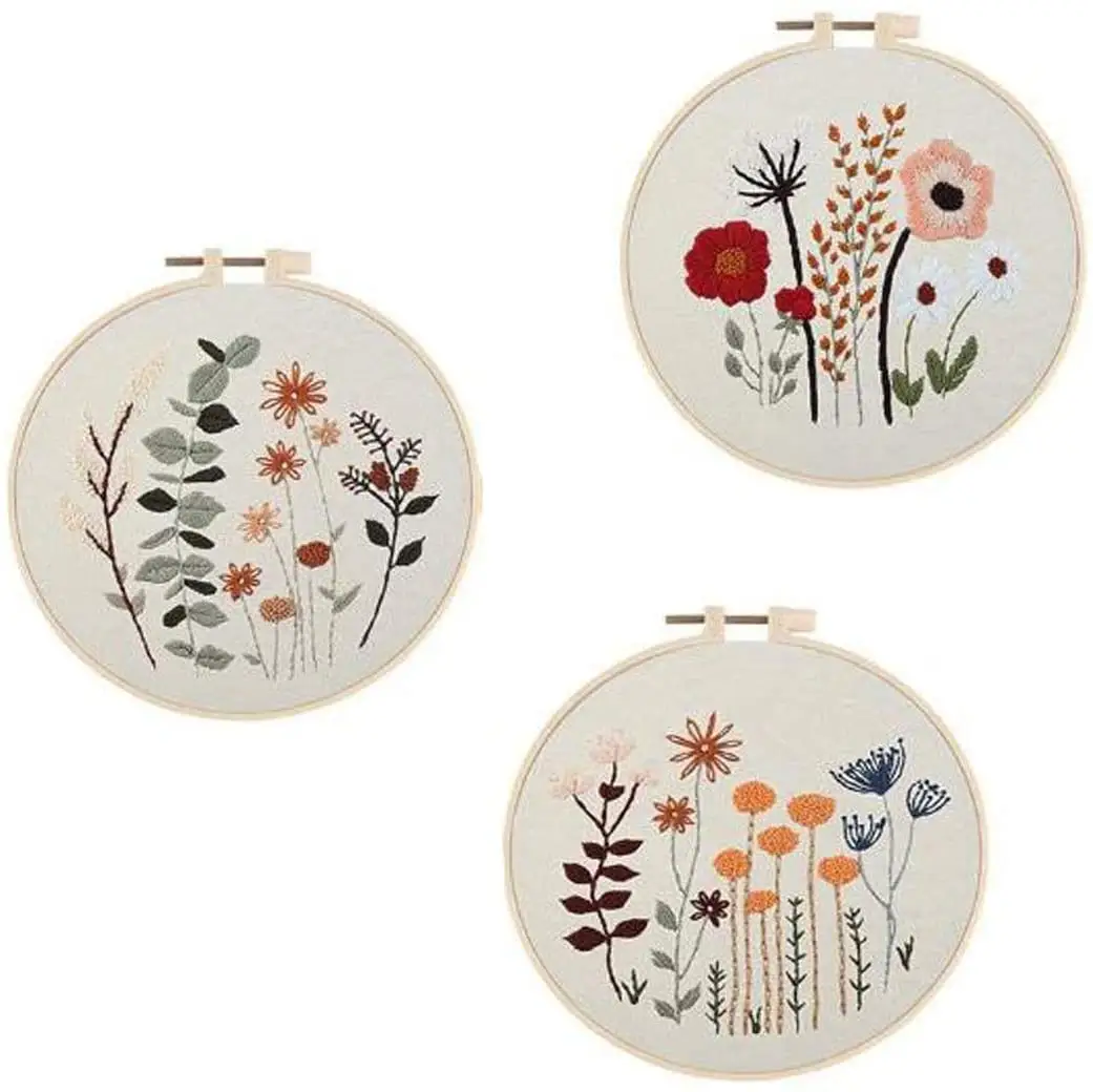 DIY Embroidery Starter Kit Floral Pattern Stamped Fabric for Adults Beginners Cross Stitch Kits with Hoop