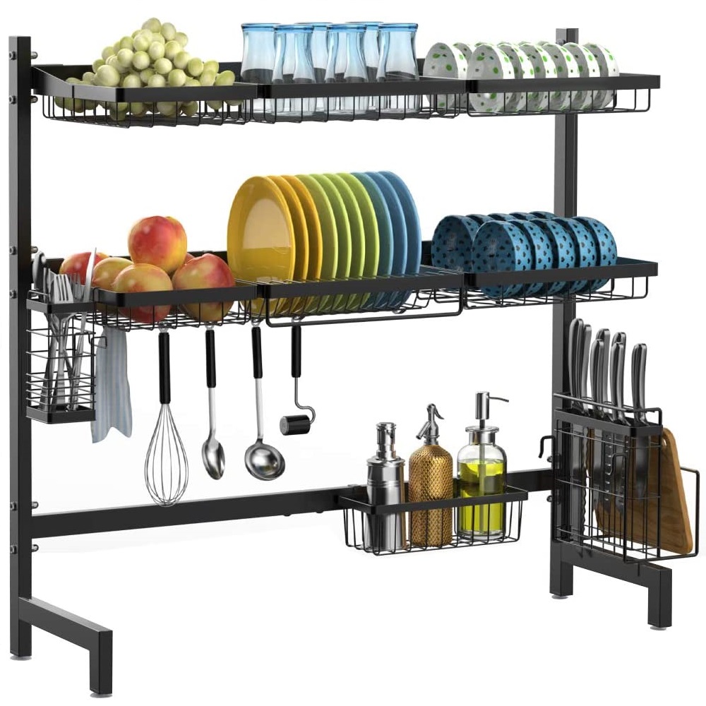 Over the Sink Dish Drying Rack, 2-Tier Large Premium 201 Stainless Steel Dish Rack with Utensil Holder Hooks Stable