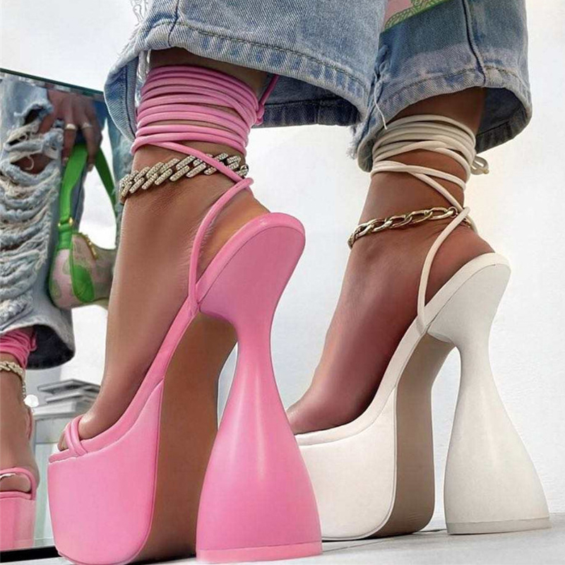 Fashion 2021 Summer Sexy lace up heel Peep Toe Ankle Strap women Sandals Platform Strange High Heels Party Stripper white Shoes