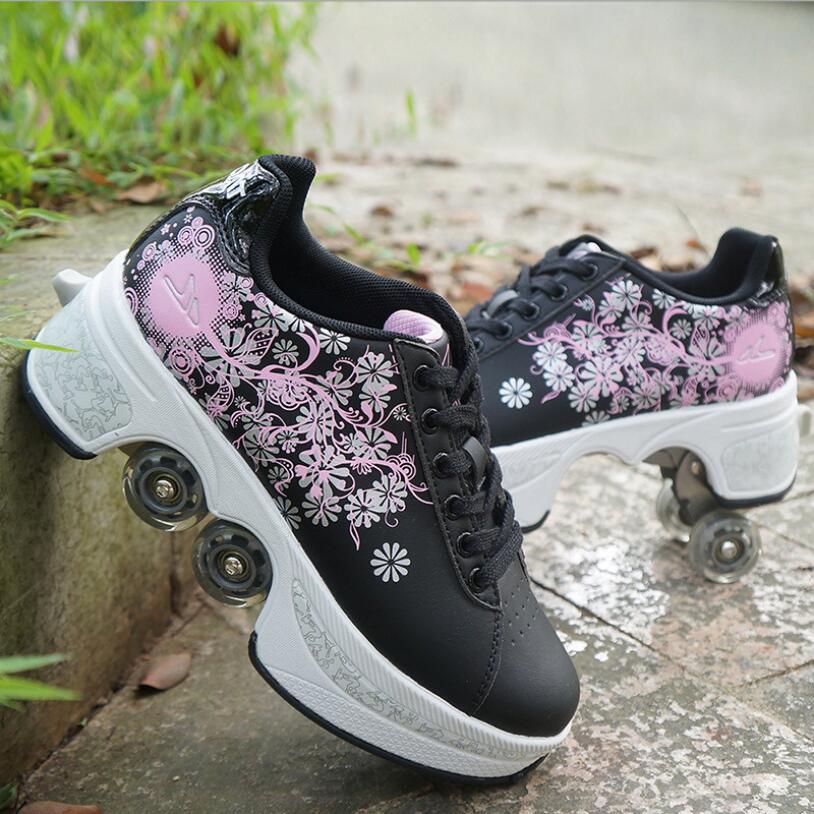 Wholesale adult and children kick out roller skate shoes with 4 wheels