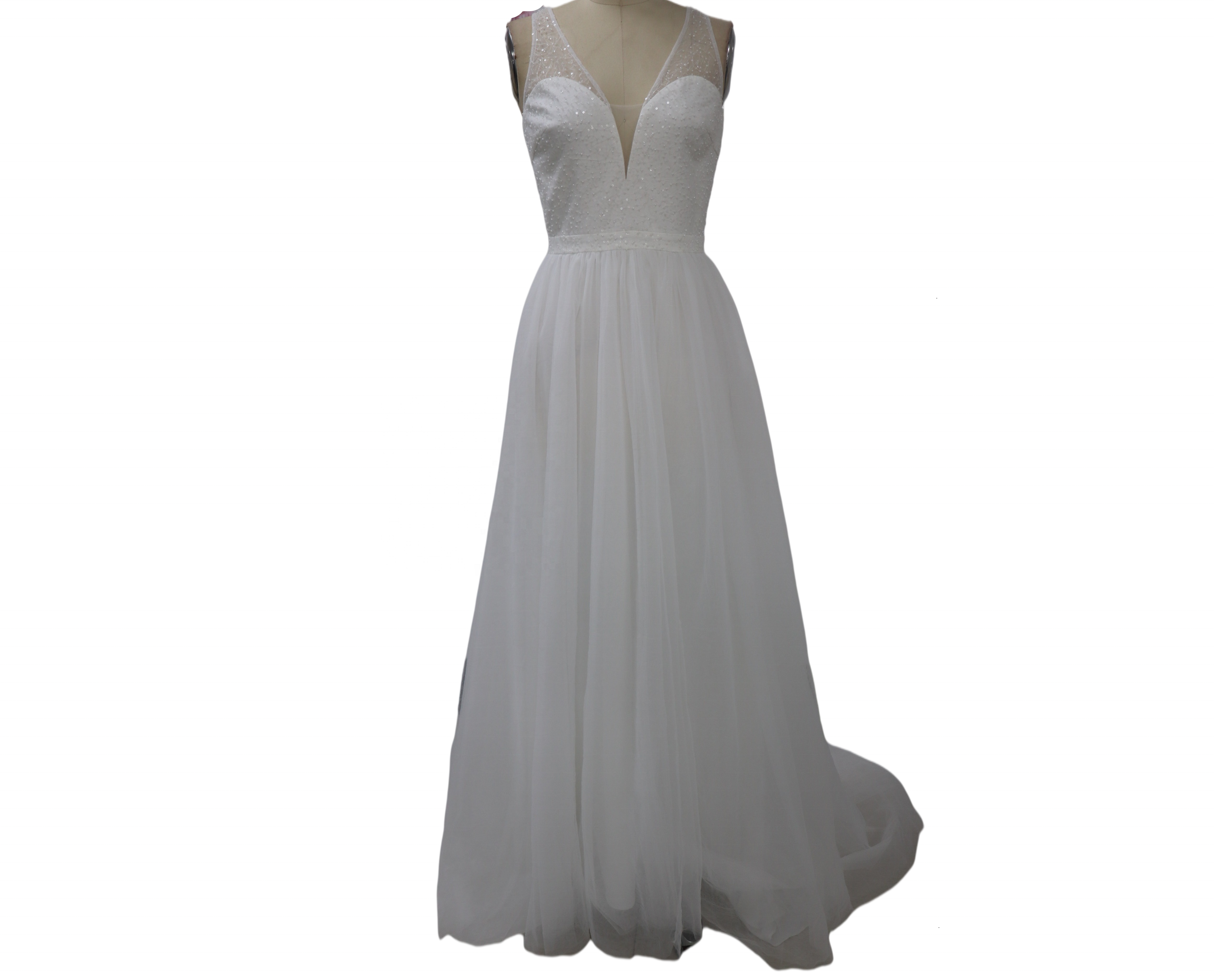 2021 design lace floor length Bridal Sequin Bodice Tulle Maxi Wedding Dress in White