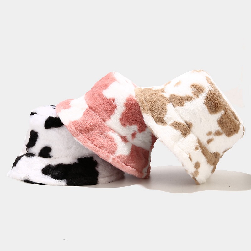 Cow printing Winter Women Solid Thickened Soft Warm Outdoor Panama Faux Fur Bucket Hat