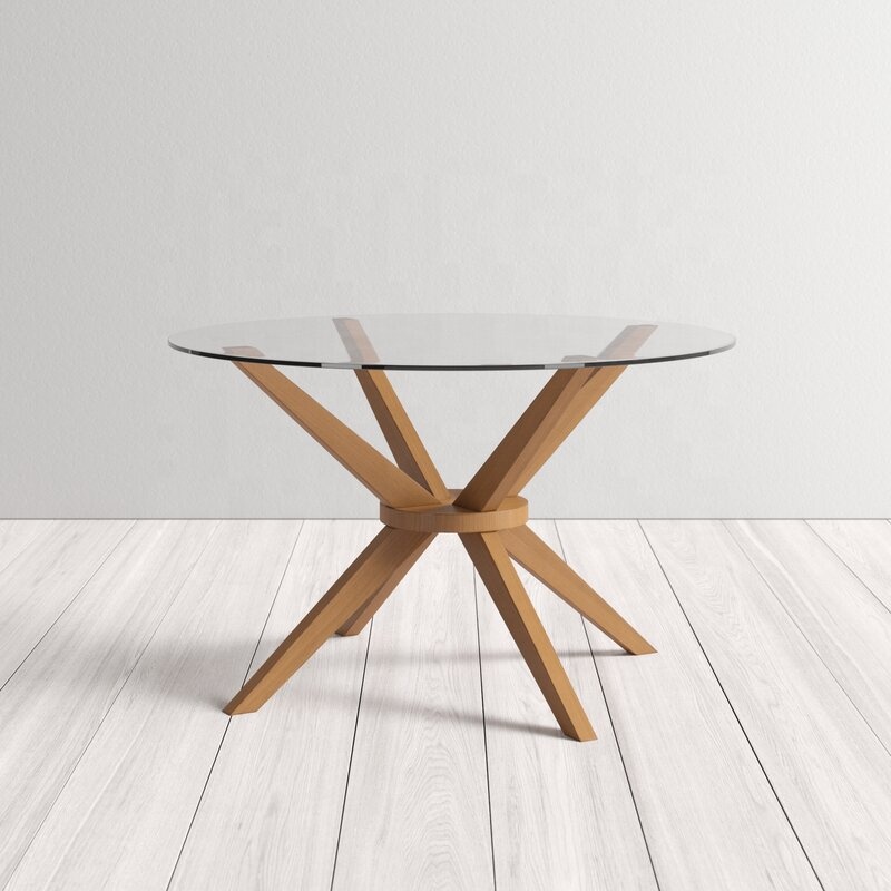 Modern Design 4 Seat 48" Round Tempered Glass Top Pedestal Dining Table with Wood Leg
