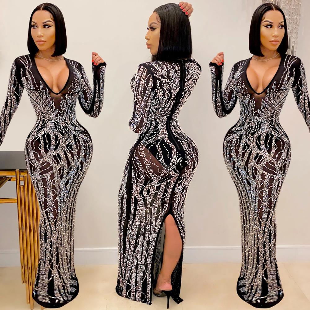 Ready to ship New arrivals 2021 sexy long sleeve rhinestone v neck prom dresses women maxi evening dresses