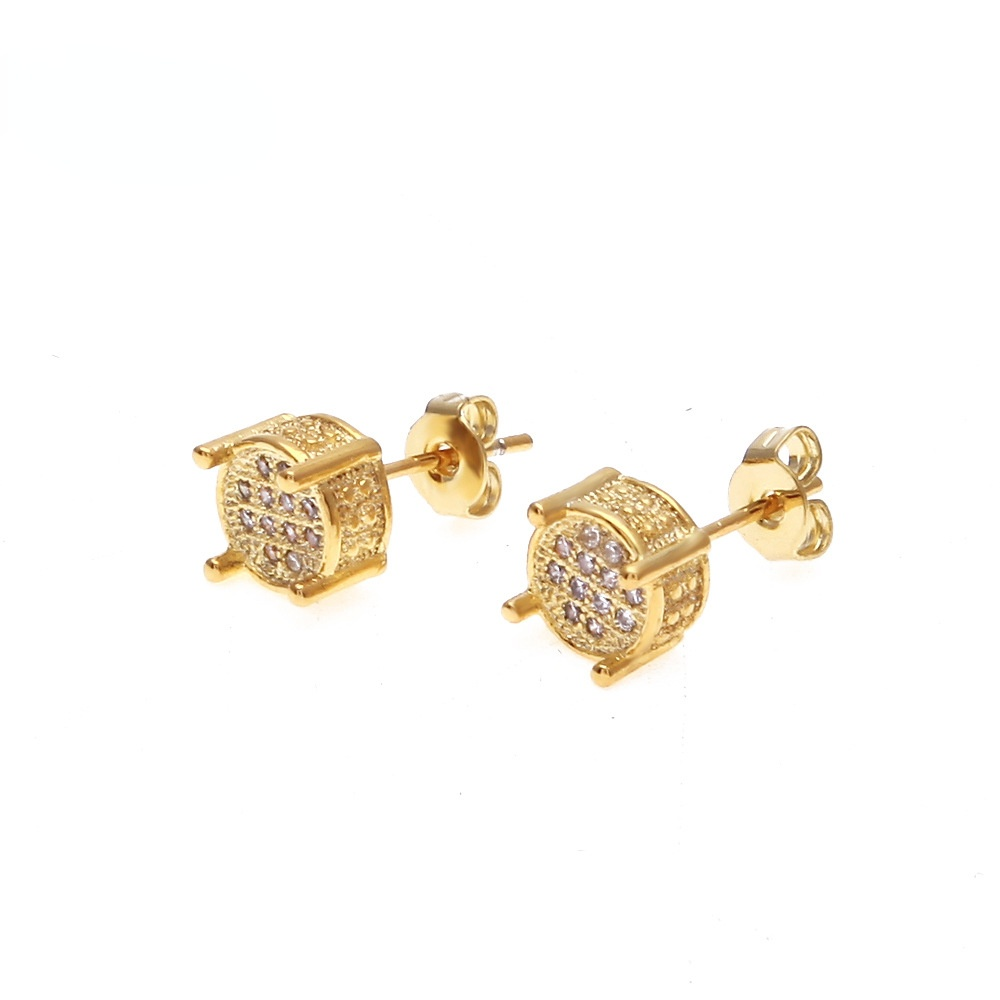 2021 new trendy diamond Micro inlaid jewelry silver needle pure cooper base 18k gold plating hip hop style round men earrings