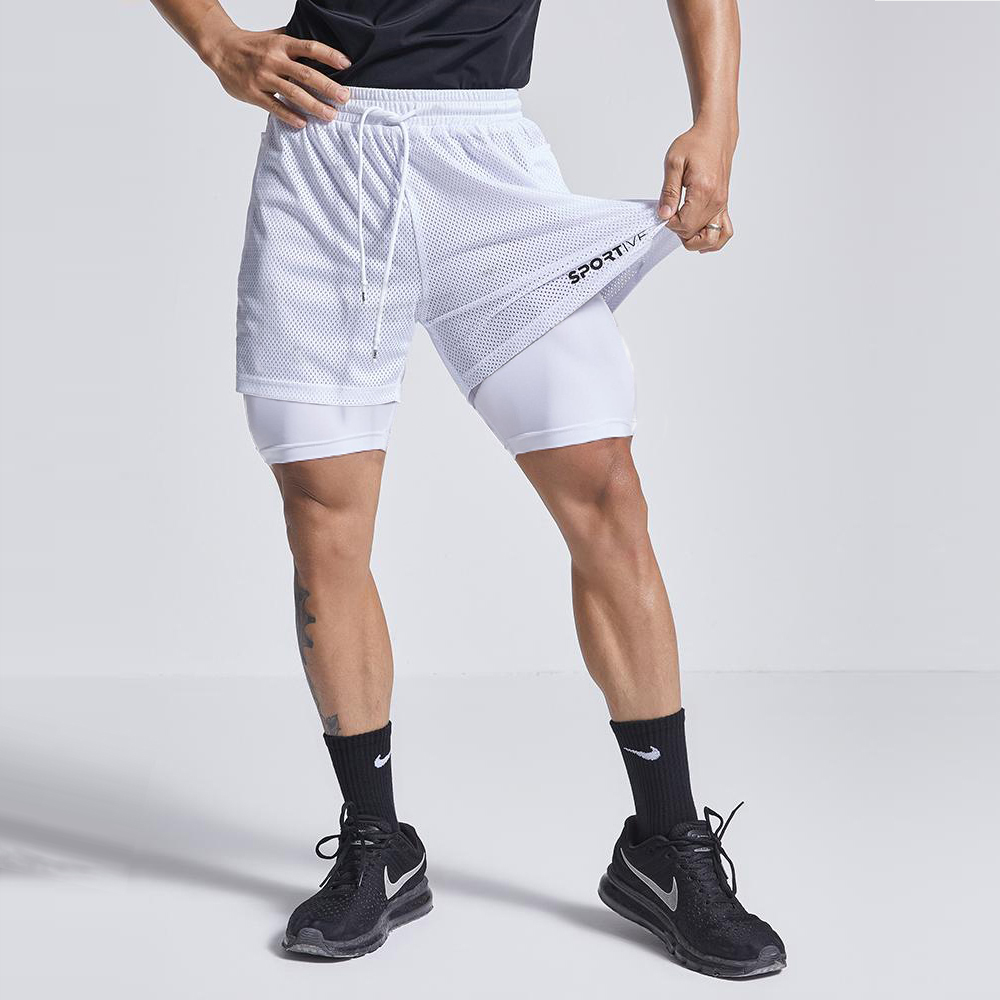 Summer Fashion Breathable Mesh Training Gym Fitness Men's Shorts 2 IN1 Double Gym Male Bodybuilding Sports Elasticity Shorts