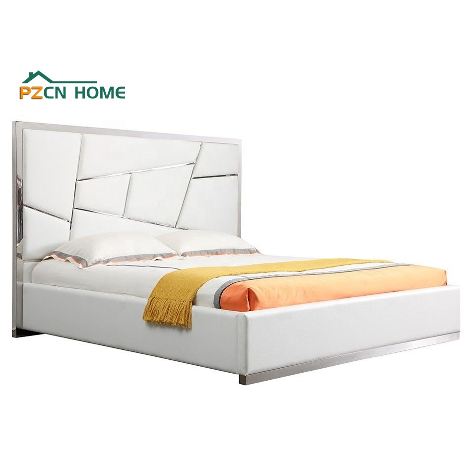 Bedroom Furniture Wood and Stainless Steel Decoration Double Bed Design of Leather Bed Sets