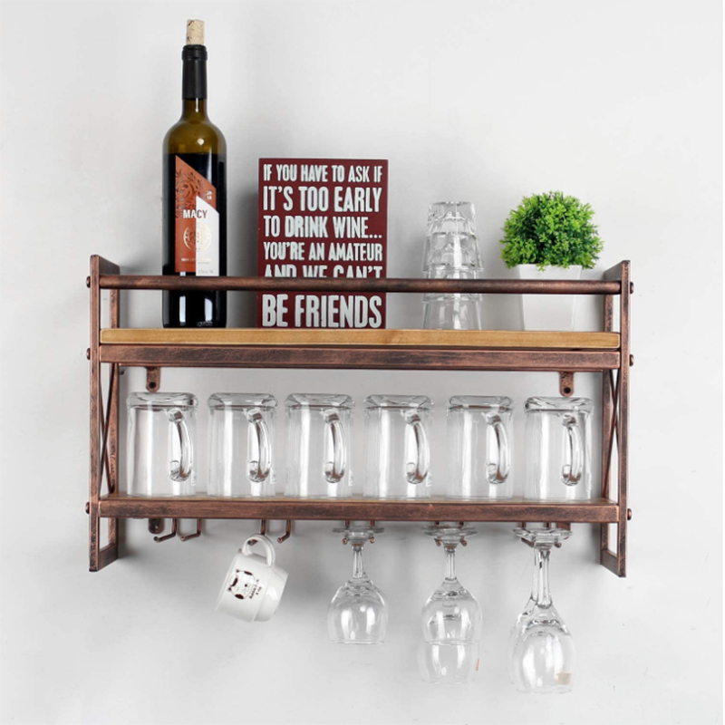 Hot Selling Good Quality Double Layer Goblets Glass Wall Hanging Wooden Rack