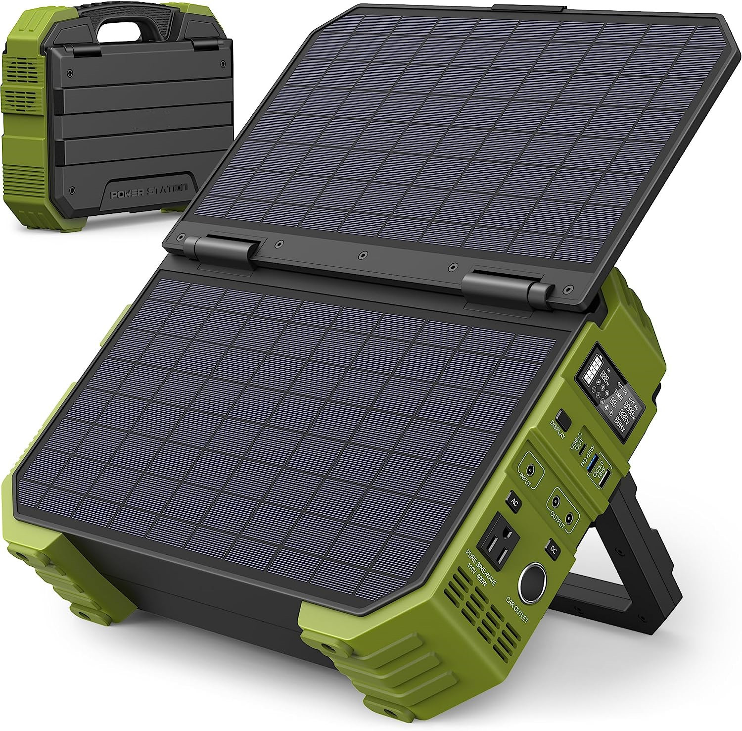 Portable Power Station with 30W Solar Panel 614.4Wh LiFePO4 Battery Backup 110V /220V 1000W(Peak 2000W) Pure Sine Wave