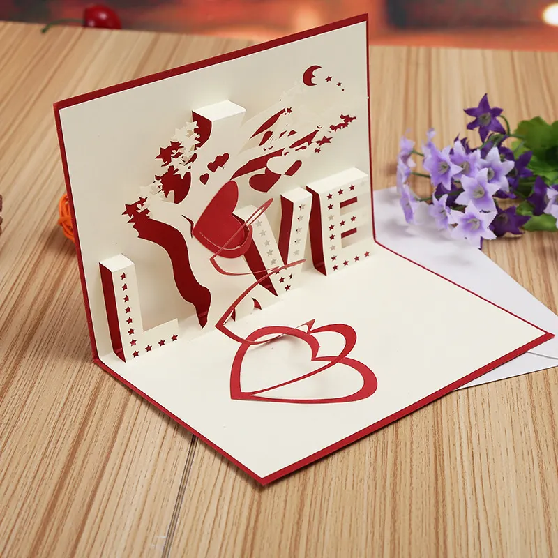 Print Greeting Cards Custom Design Printing Paper 3D Love Heart Laser Cut Pop Up Valentines Greeting Cards