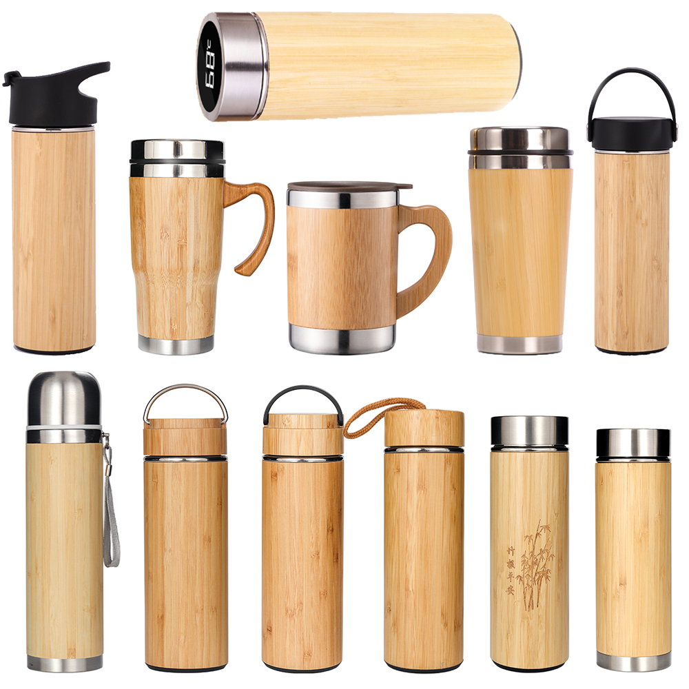 ShineTime Insulated Eco Friendly BPA Free Stainless Steel Customized Bamboo Water Bottle Wood Travel Flask Coffee Tumbler Mugs