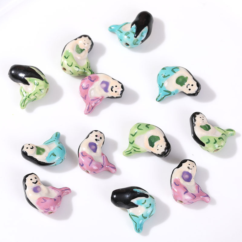 R802 Hand-painted personality cartoon mermaid ceramic beads diy earrings bracelet Material Loose Beads DIY Accessories Handmade