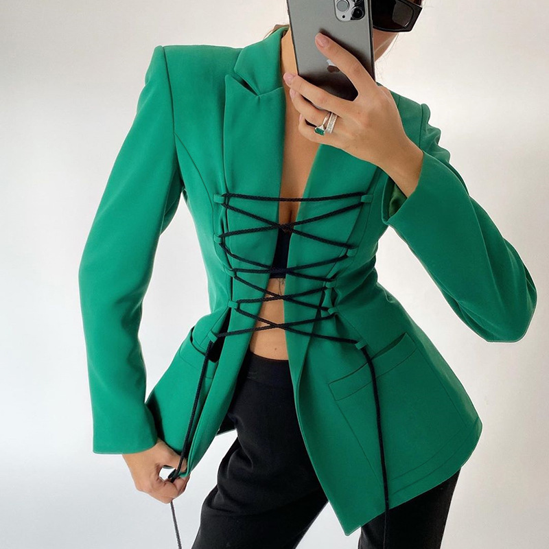 K20C09482 New arrivals long sleeve women blazer jacket fall lace up sexy women jackets and coats 2021 fashionable blazer women