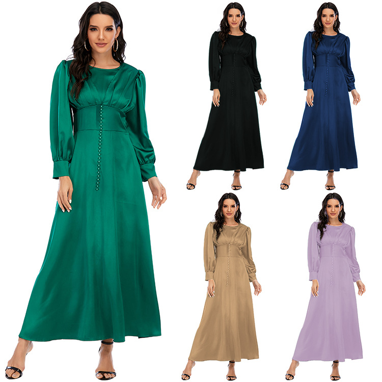 Latest Plain Satin Abaya Black Puff Long Sleeve Corset Dress with Beads Dubai Islamic Clothing Women Muslim Evening Party Dress