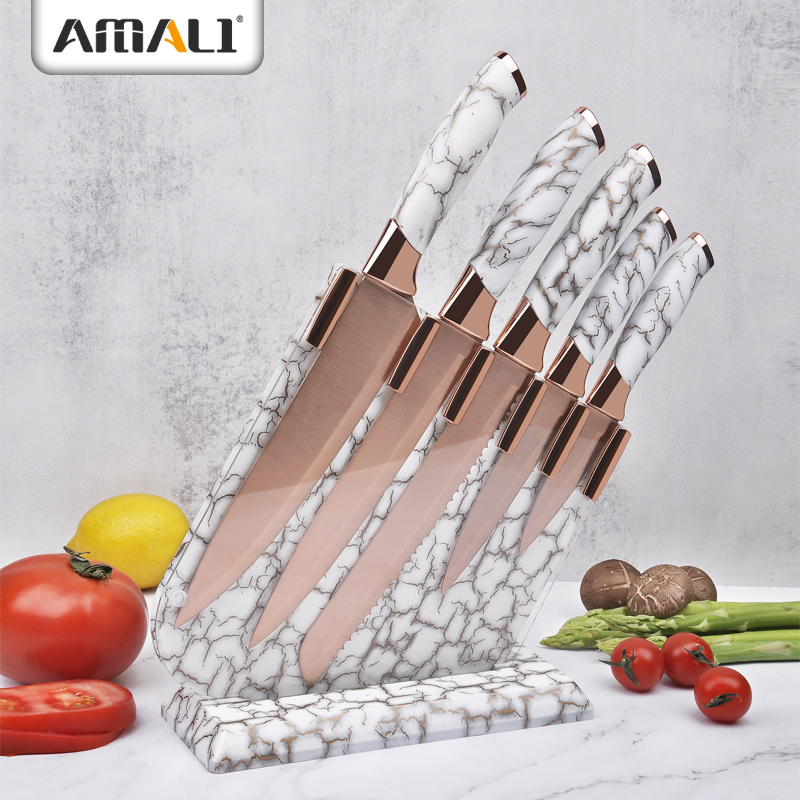 6PCS Stianless Steel Titanium Plating Kitchen Knife Set With Mable Coating Handle In Rose Gold Coating Finished