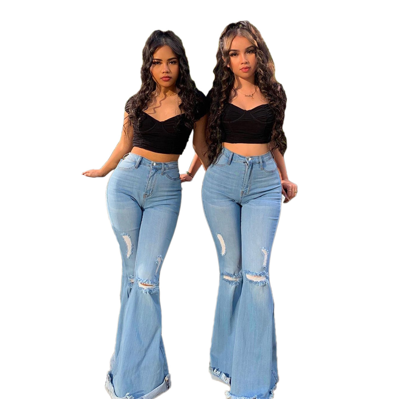 New Summer 2021 Fashion Light Blue High Waist Ripped Skinny Flare Jeans Women