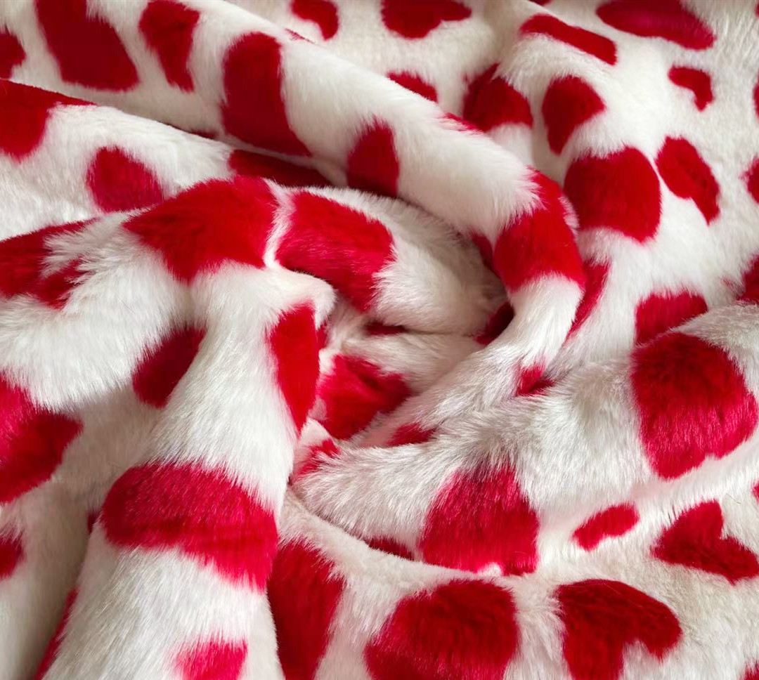 New design big red love heart print Faux Rabbit Fur Fabric for modern beautiful cloths
