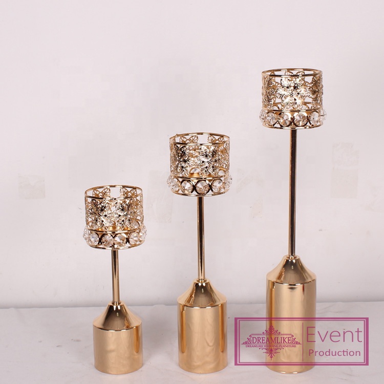 Stainless steel three in set candlestick holder gold for cabdles