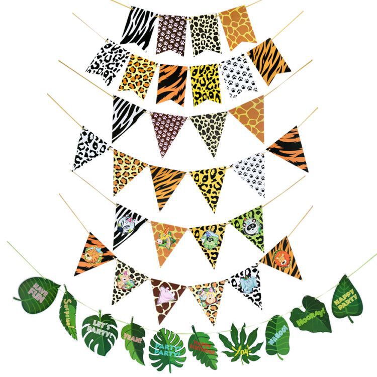 Animal Print Pennant Banners Jungle for Theme Party Zoo Jungle Safari Themed Party Tropical Palm Leaves Triangle Flag Banner
