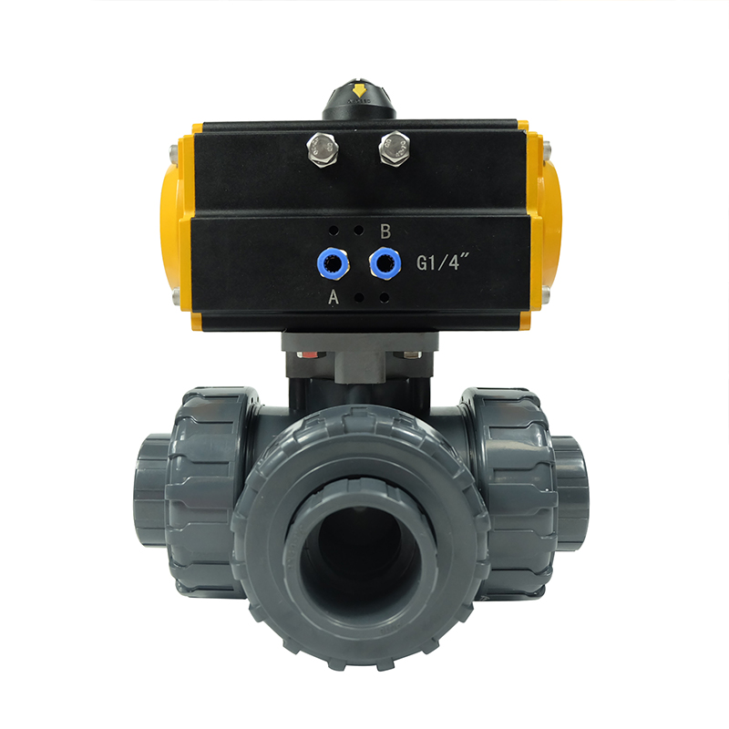 China DKV best price double acting actuator triple union thread 2 inch upvc pneumatic plastic pvc 3 ways ball valve