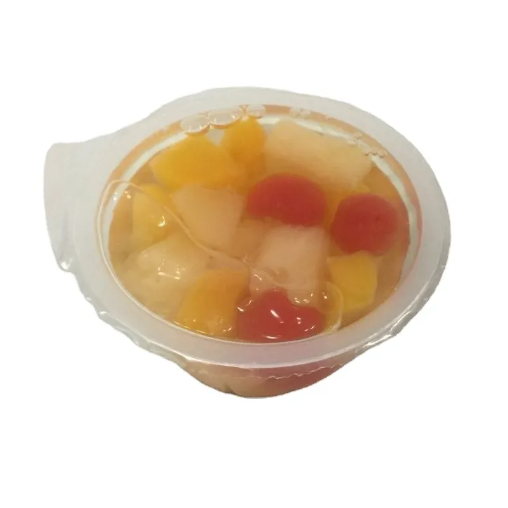 Canned mix fruits syrup pineapple grape cherry peach pear fruit cocktail in plastic cup