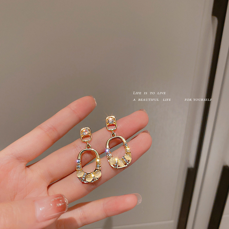 Jewelry 925 silver needle cat's eye stone inlaid with diamond geometric hollow Earrings