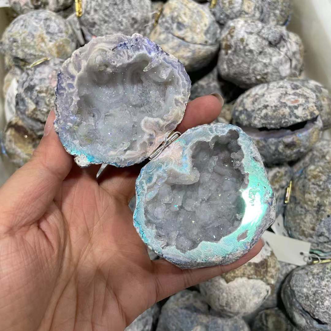 Новый продукт натуральный кристалл aura agate сокровище раковина кольцо коробка образец fengshui Исцеление народные ремесла для украшения