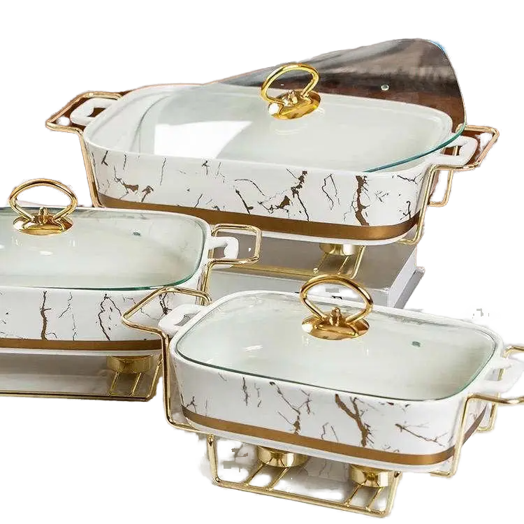 Sustainable Golden Marble Ceramic Chafing Dish Set Buffet Food Warmer Soup Rack Hotel Tableware Insulated Dish Catering Buffets