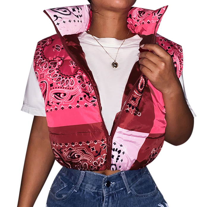 Paisley Print Vest Jacket with Pockets Autumn Winter Warm Sleeveless Women Short Coats Cotton Casual Outwear