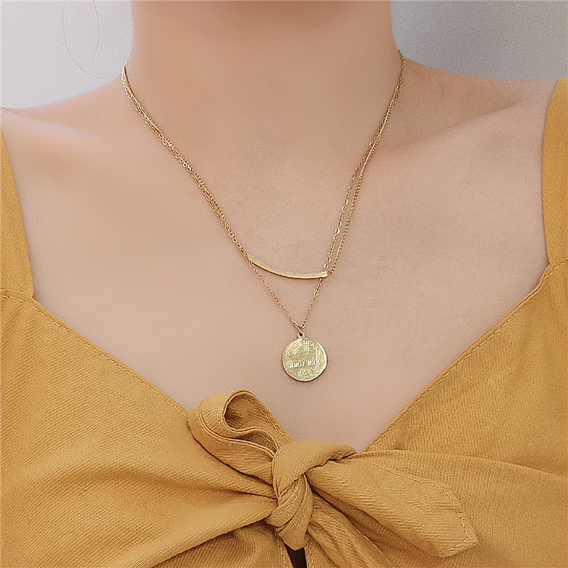 Ins Popular Titanium Steel Disc Pendant Necklaces Double Layers Cross Chain Letter Circle Necklace For Friends