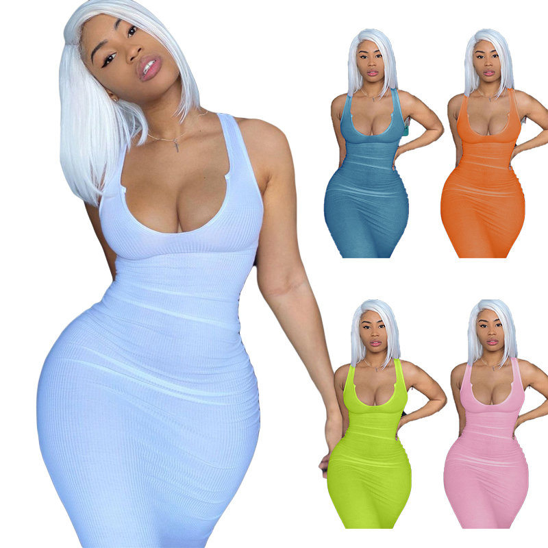 Rib Knit Simple Round Neck Sleeveless Bodycon Maxi Elegant Women Solid Outfit Spring Summer Casual Party Long Dress