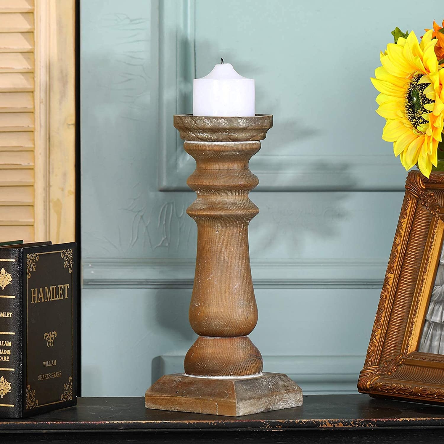 Candle Holder for Pillar Candle, Antique Brown Wooden Pillar Candle Holder, Rustic Candlestick Holder