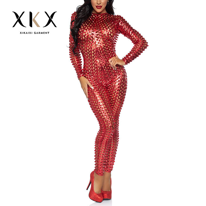 Novelty Rivet Decoration Ladies Long Skirt Long Sleeves Bodycon Cosplay Costum One Piece Long Sleeve Jumpsuit