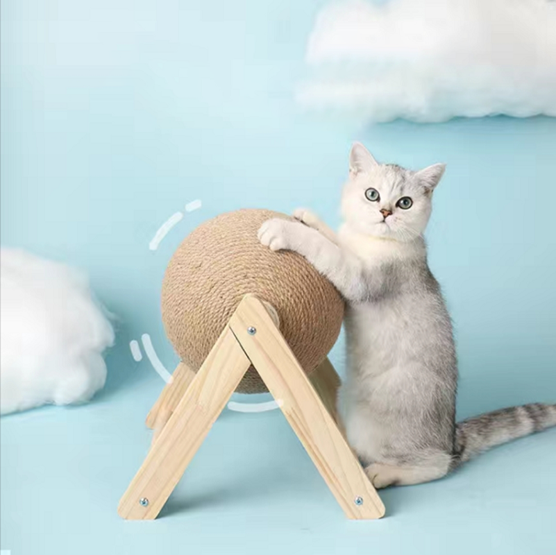 Solid Wood Cat Scratcher Toy- Sisal Cat Scratching Ball Natural Triangular Solid Wood Catch Ball Durable Claw Grinding Pet Toys