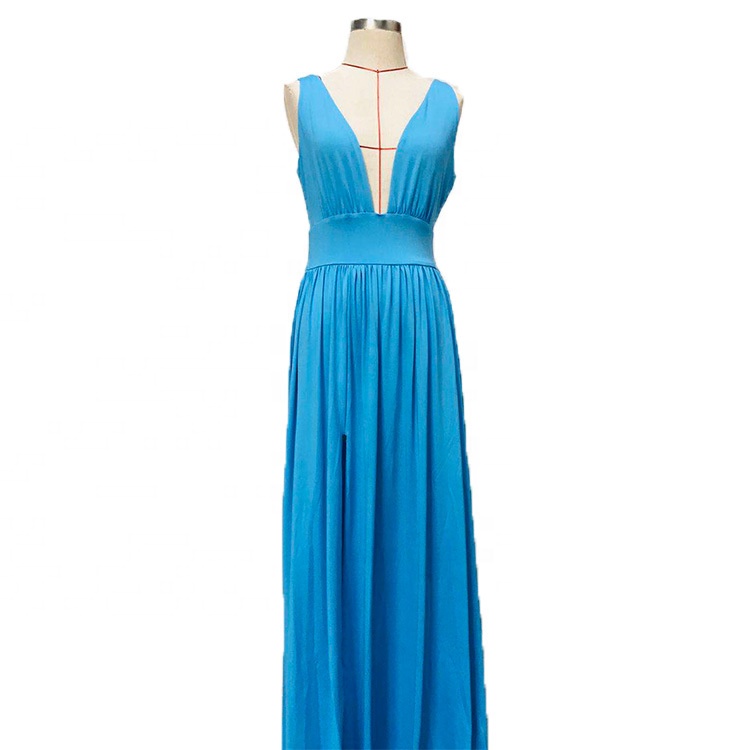 2021 European and American women's suspenders deep V dress sexy bridesmaid dress solid color split dress