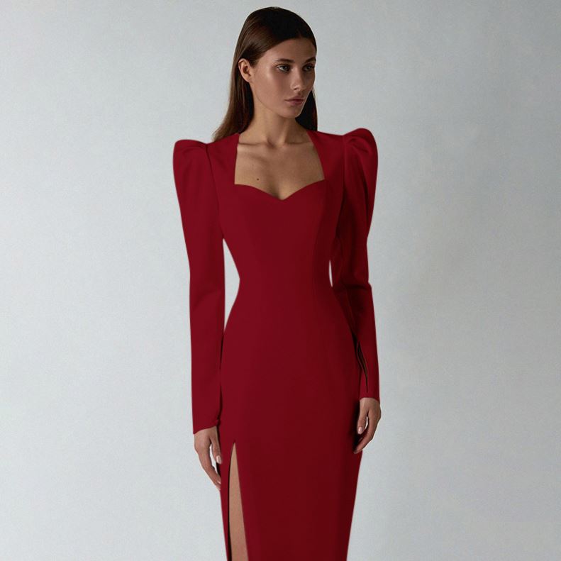 Fvshion 22415P sexy night dresses Solid color waist pullover puff sleeve plaid split long sleeved dress