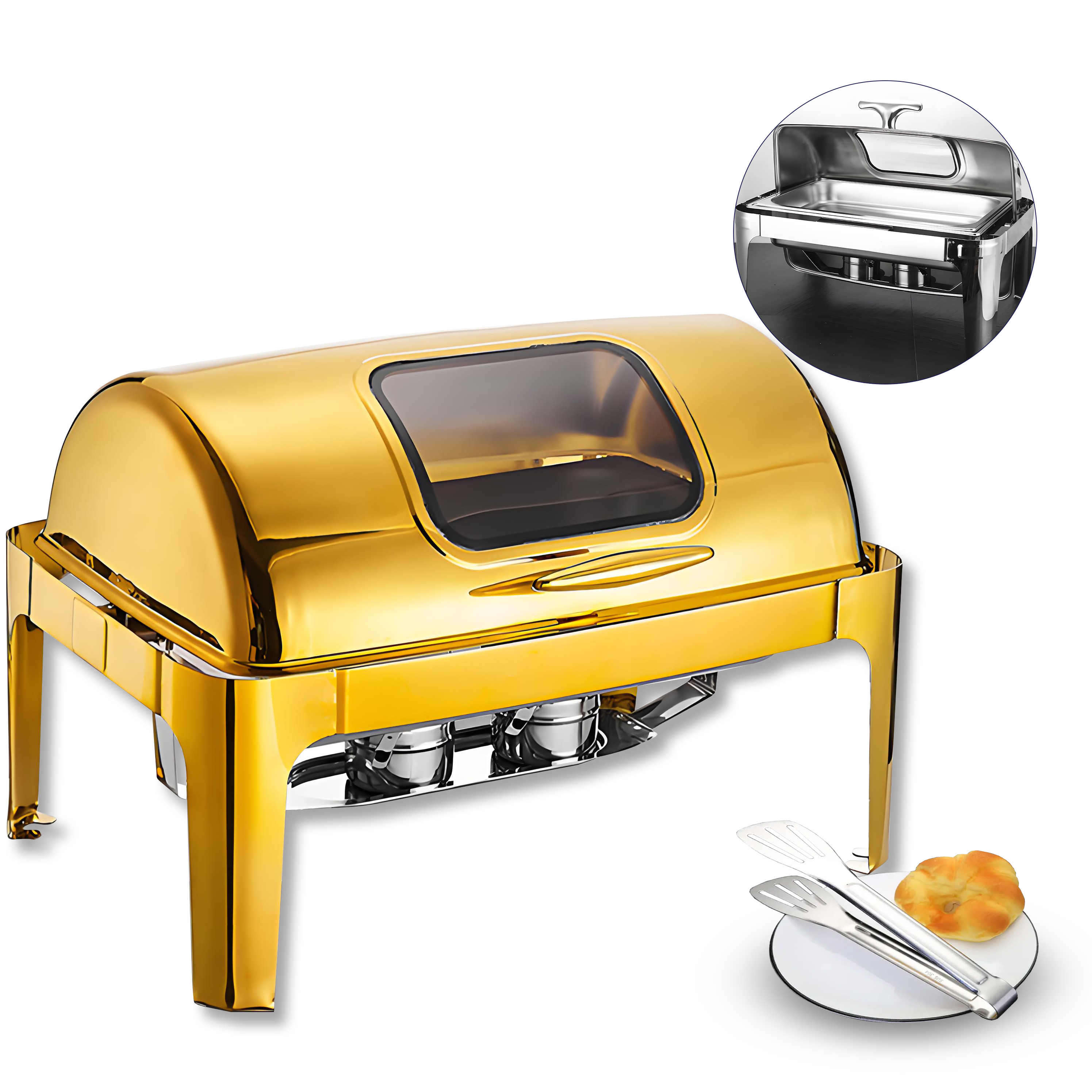 YITIAN Luxury Stainless Steel Gold Round Chafing Dish Catering Food Warmer Roll Top Visible Chaffing Shaffing Dish Buffet Set
