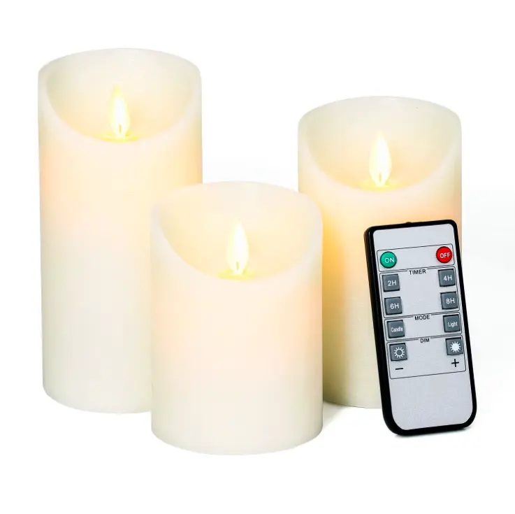Producer private label wedding decoration remote control flameless pillar white flicker LED candle with 3pcs gift set