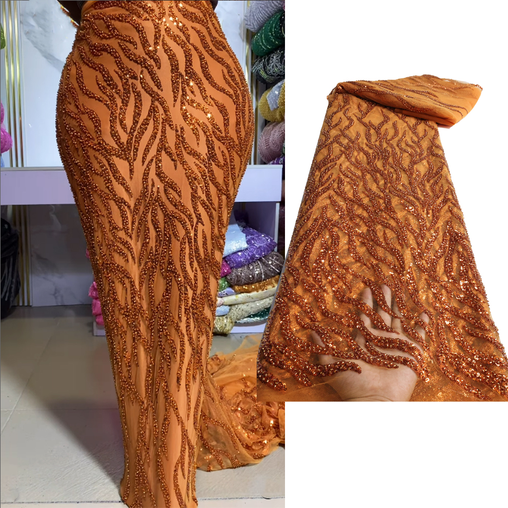 NI.AI Burnt Orange Beaded Tulle 5 Yards Lace Fabric Luxury Sequins Pearls Mesh Fabric For Bridal Prom Dress ly3304