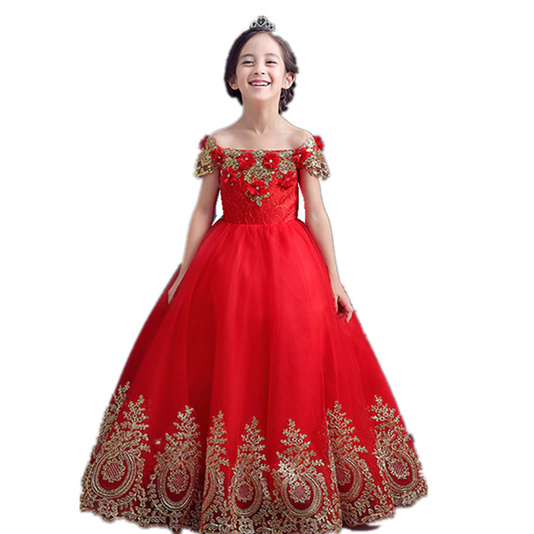 Luxury Children Girl Boutique Clothing Sequined Red Long Wedding Party Dress Of Child Clothing