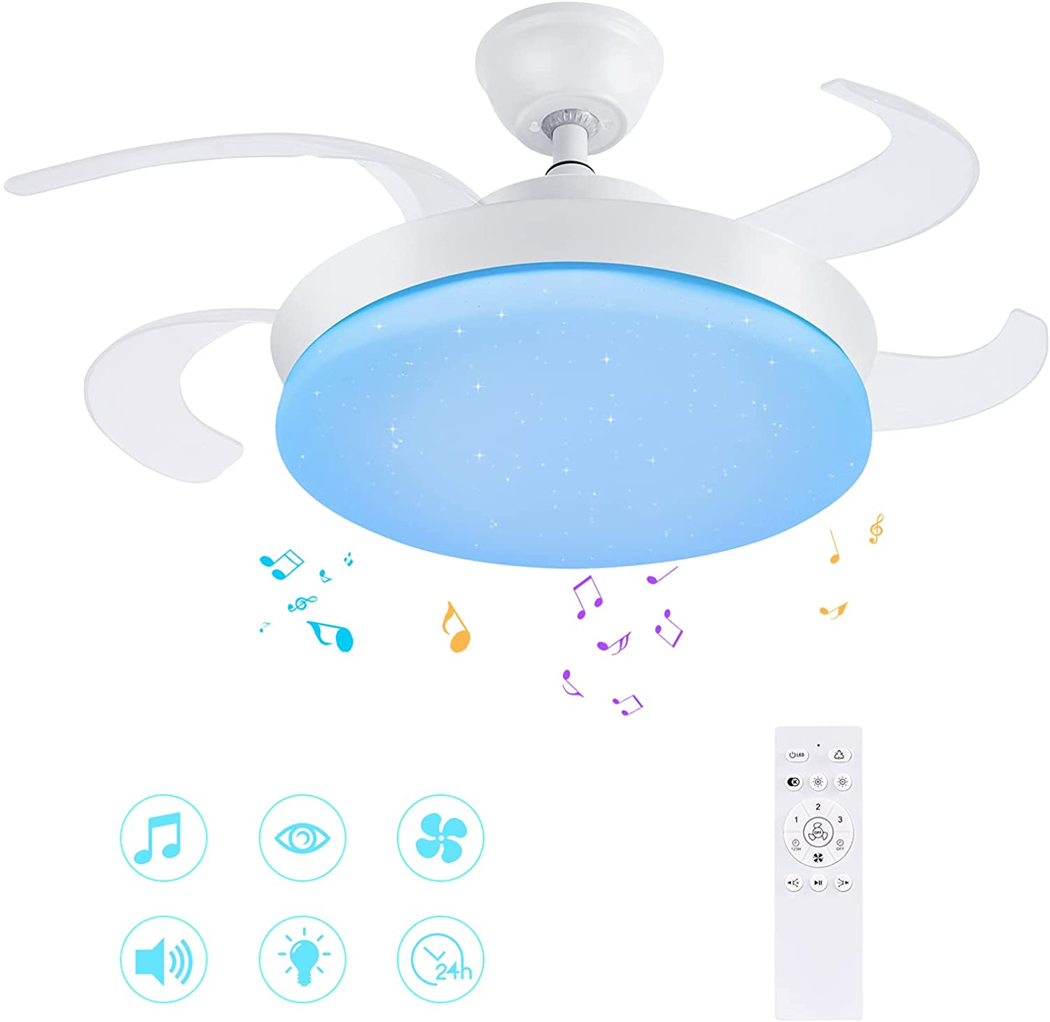 Retractable Ceiling fans with lights and smart speaker Foldable Chandelier Fan RGB Dimmable 24W Music Ceiling lamp with Remote