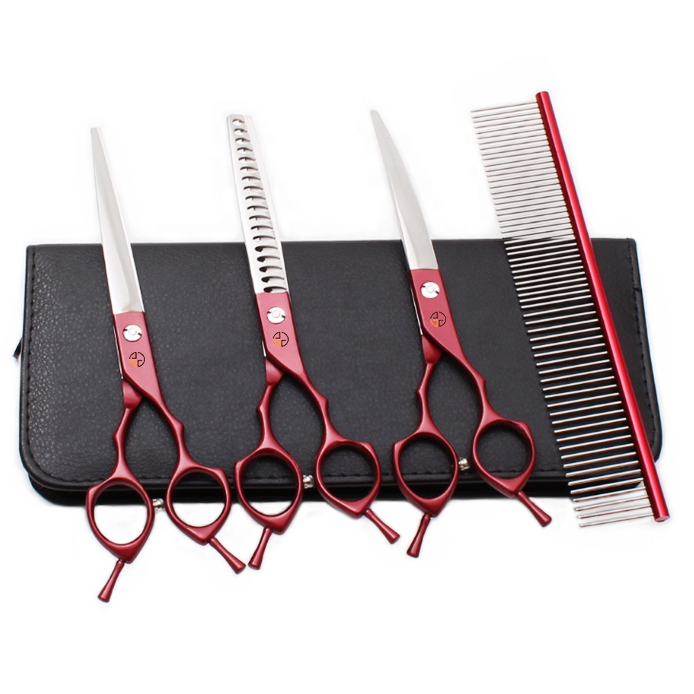 6.5 inch Red Japanese Steel Dog Grooming Scissors Straight Scissors Animal Shears set