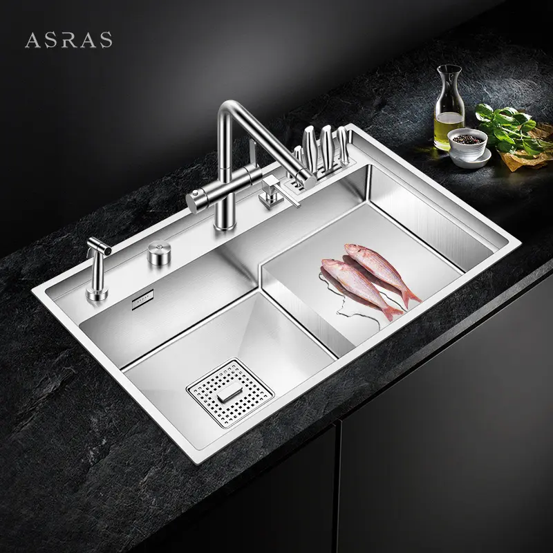 Asras Modern Double Sink Stainless Steel Handmade Kitchen Basin Sink Single Bowl Stainless Steel 8048J-3