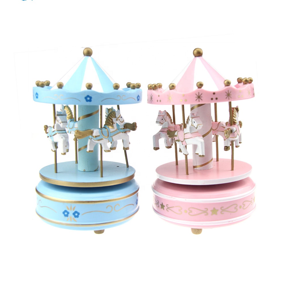 Wholesale baby musical instruments wooden toy carousel horse music box with hand cranked