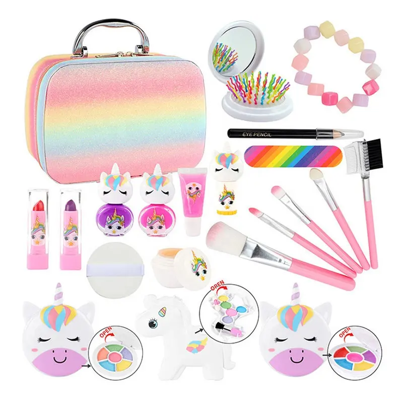 High Quality Cute Pink Cosmetics Pretend Play Kids Make Up Toy Set Real Cosmetics Bag Beauty Makeup Toy Kit for Girls
