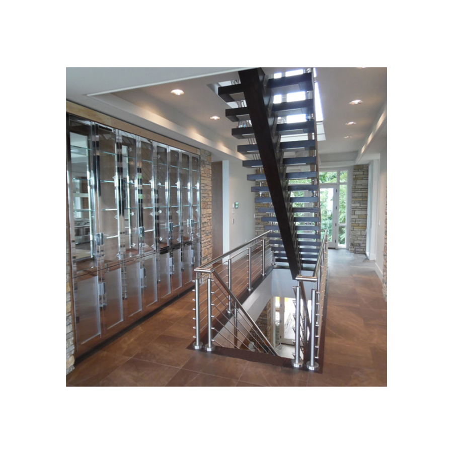 Floating straight stairs central spine stair middle stringer staircase with wood tread and frameless glass railing